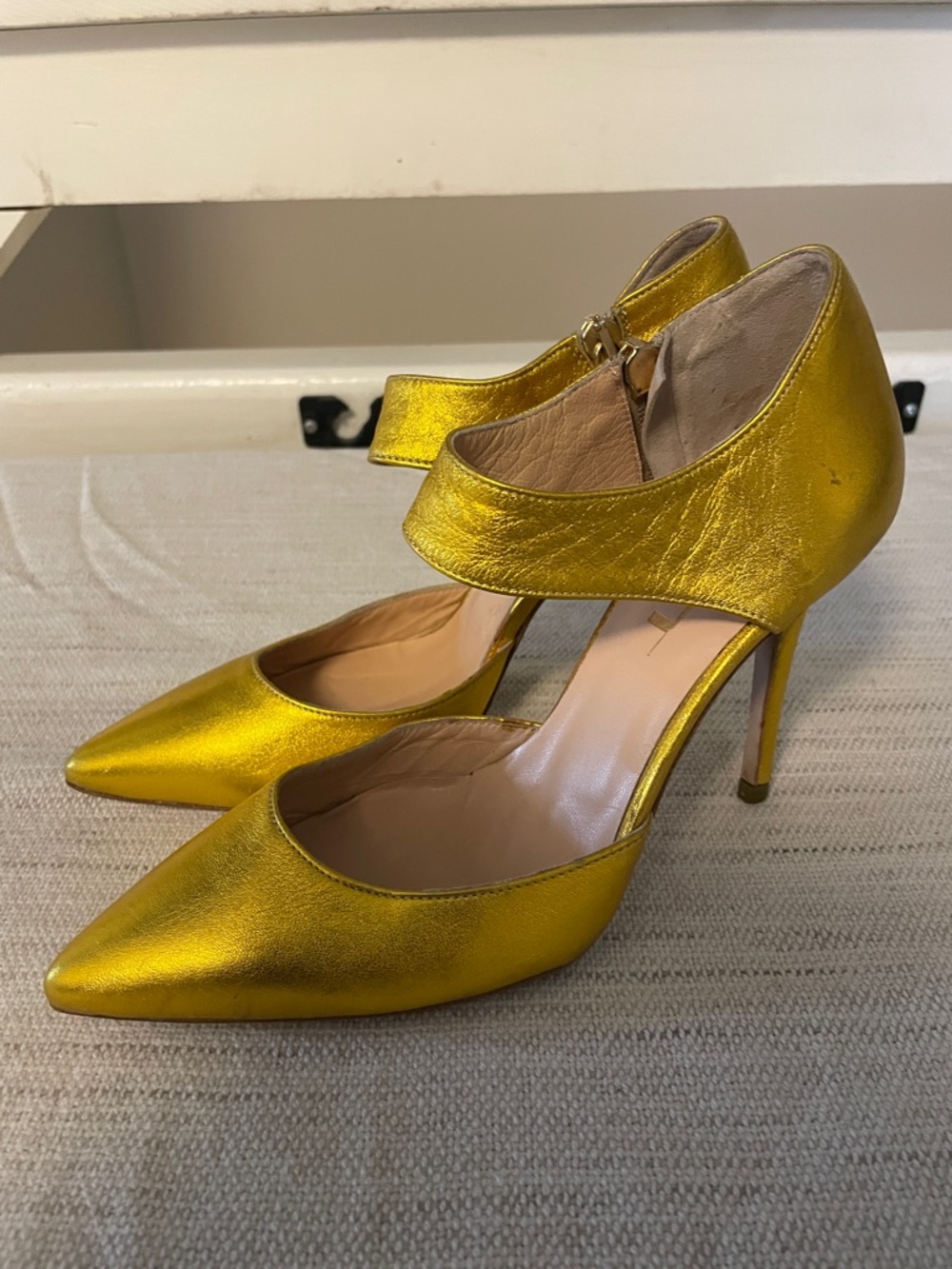 Metallic Gold Pointed-Toe Ankle-Strap Heels